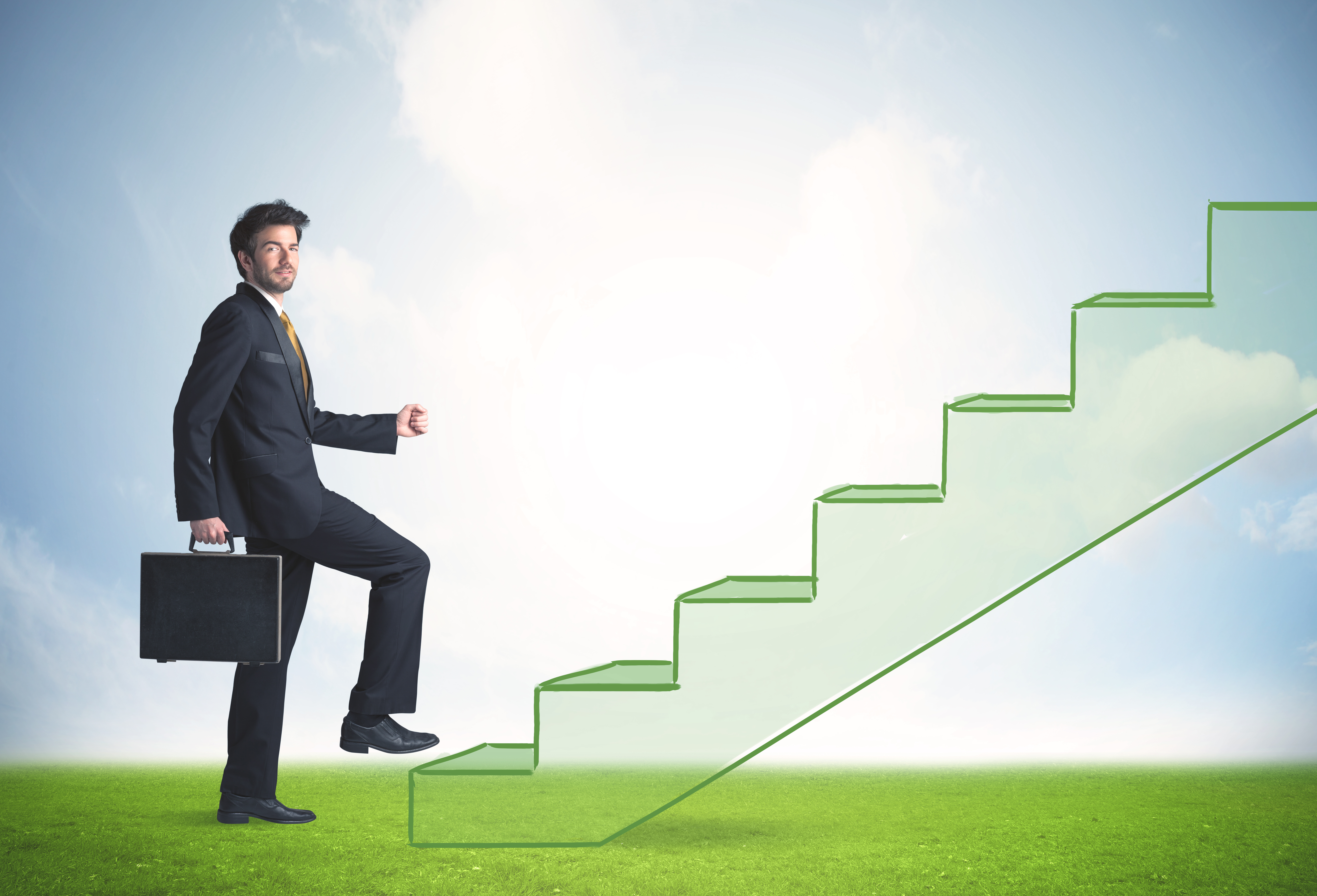 A professional with upward mobility climbing the stairs